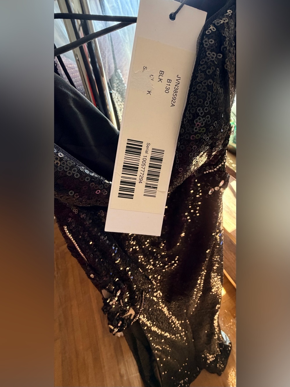 JVN by Jovani Black Sequin Spaghetti Strap Slit Gown - Picture 7 of 7